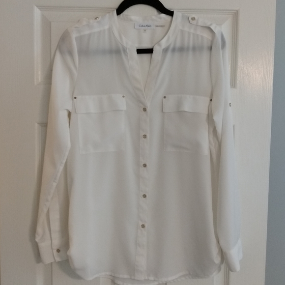 Calvin Klein Sheer Blouse w/Gold Button Detail - Picture 1 of 8